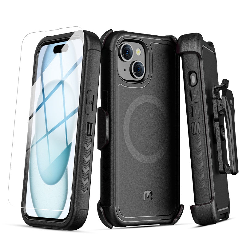 MyBat Pro Antimicrobial Maverick Series w/ MagSafe Case with Holster and Tempered Glass for Apple iPhone 15 (6.1) - Black / Black (1106117)