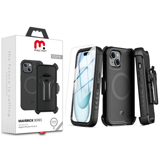 MyBat Pro Antimicrobial Maverick Series w/ MagSafe Case with Holster and Tempered Glass for Apple iPhone 15 (6.1) - Black / Black (1106117)