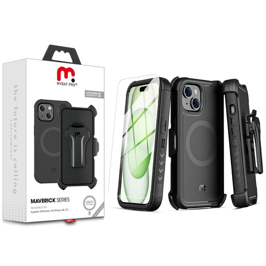 MyBat Pro Antimicrobial Maverick Series w/ MagSafe Case with Holster and Tempered Glass for Apple iPhone 15 Plus (6.7) / 14 Plus (6.7) - Black / Black (1106121)