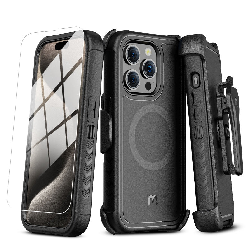 MyBat Pro Antimicrobial Maverick Series w/ MagSafe Case with Holster and Tempered Glass for Apple iPhone 15 Plus (6.7) / 14 Plus (6.7) - Black / Black (1106121)