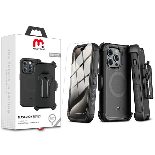 MyBat Pro Antimicrobial Maverick Series w/ MagSafe Case with Holster and Tempered Glass for Apple iPhone 15 Pro (6.1) - Black / Black (1106118)