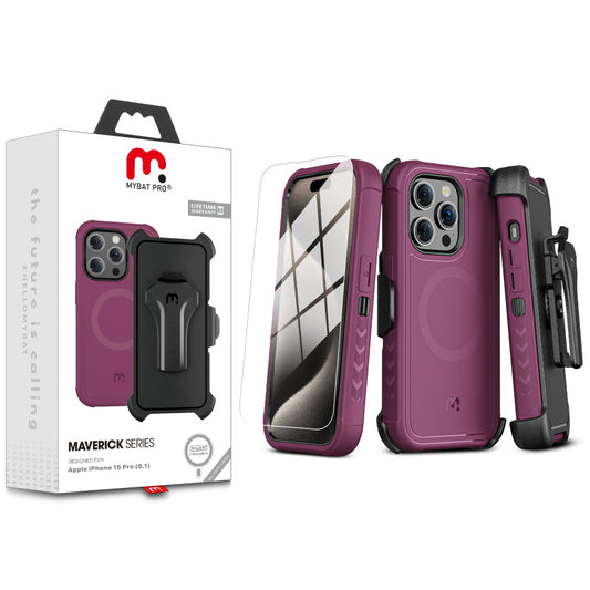 MyBat Pro Antimicrobial Maverick Series w/ MagSafe Case with Holster and Tempered Glass for Apple iPhone 15 Pro (6.1) - Plum / Black (1106119)