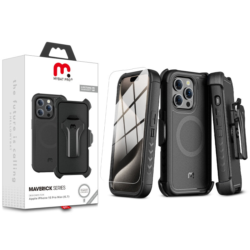 MyBat Pro Antimicrobial Maverick Series w/ MagSafe Case with Holster and Tempered Glass for Apple iPhone 15 Pro Max (6.7) - Black / Black (1106123)
