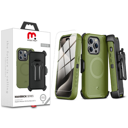 Apple iPhone 15 Pro Max (6.7) MyBat Pro Antimicrobial Maverick Series w/ MagSafe Case with Holster and Tempered Glass - Army Green / Black (1106210)
