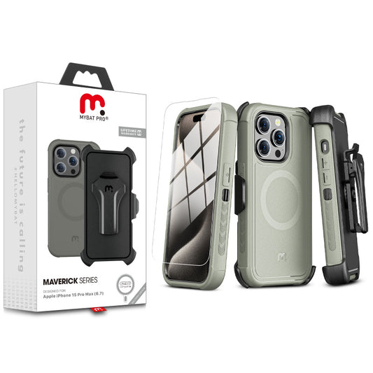 MyBat Pro Antimicrobial Maverick Series w/ MagSafe Case with Holster and Tempered Glass for Apple iPhone 15 Pro Max (6.7) - Gray / Black - (1106122)