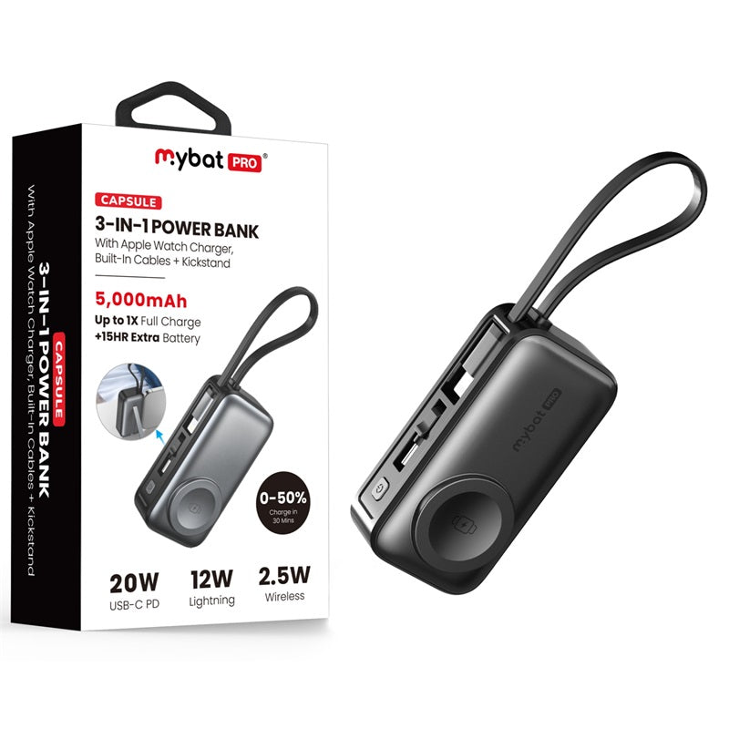 MyBat Pro Capsule 3-in-1 Power Bank with Apple Watch Charger, Built-In Cables + Kickstand - 5000 mAh - Black ( 1107594) (MSRP $69.99)