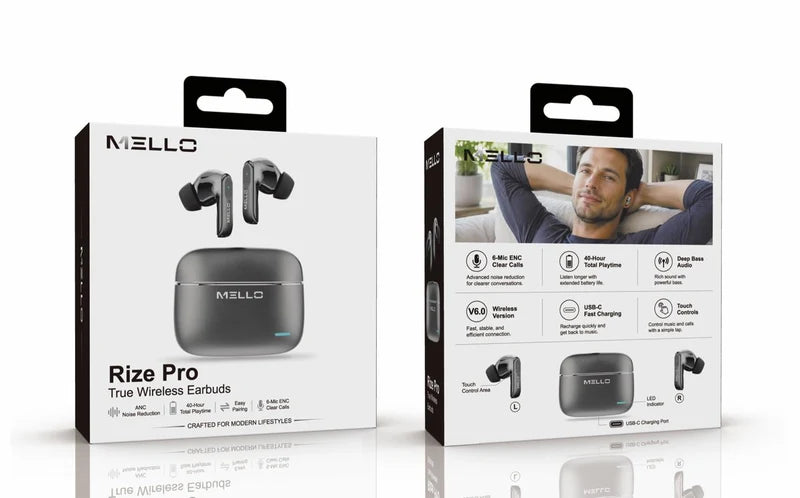 MELLO RIZE PRO TRUE WIRELESS EARBUDS BLACK ( 1108172) (MSRP $79.99)