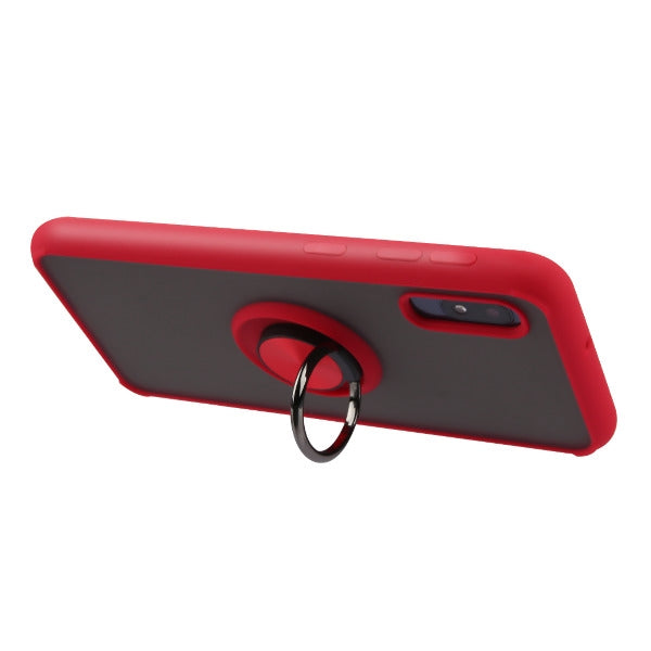 SAMSUNG Galaxy A10E - Mybat Semi Transparent Smoke Frosted/Rubberized Red Frost Hybrid Protector Cover w/Ring Stand(9727)