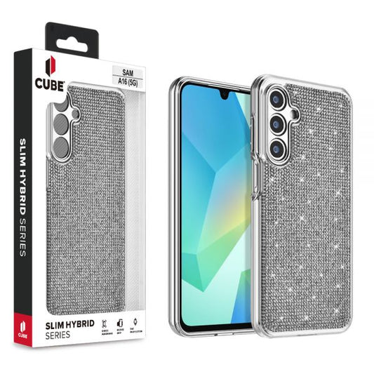 Cube® - Samsung Galaxy A16 5G - Full Bling 3D Rhinestone Crystal Back Cover with Shiny Silver Chrome Durable TPU Bumper in Cube Retail Box (1103068) (MSRP 39.99)