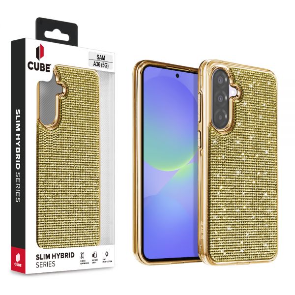 Cube® - Samsung Galaxy A36 5G - Full Bling 3D Rhinestone Crystal Back Cover with Shiny Gold Chrome Durable TPU Bumper in Cube Retail Box (1103074) (MSRP 39.99)