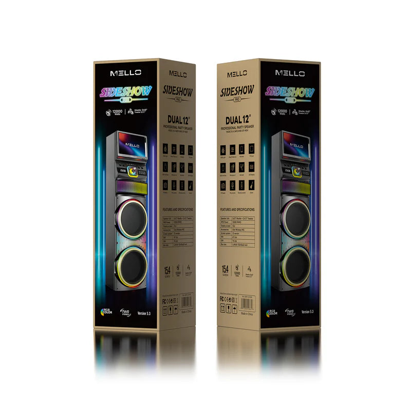 (ONLY FOR PICK UP FROM FRESNO WAREHOUSE )MELLO SIDESHOW PRO 2 X 12" INCH 12000 WATTS WITH 15.4" WIFI TOUCH SCREEN SPEAKER (1107584)(MSRP $799.99)
