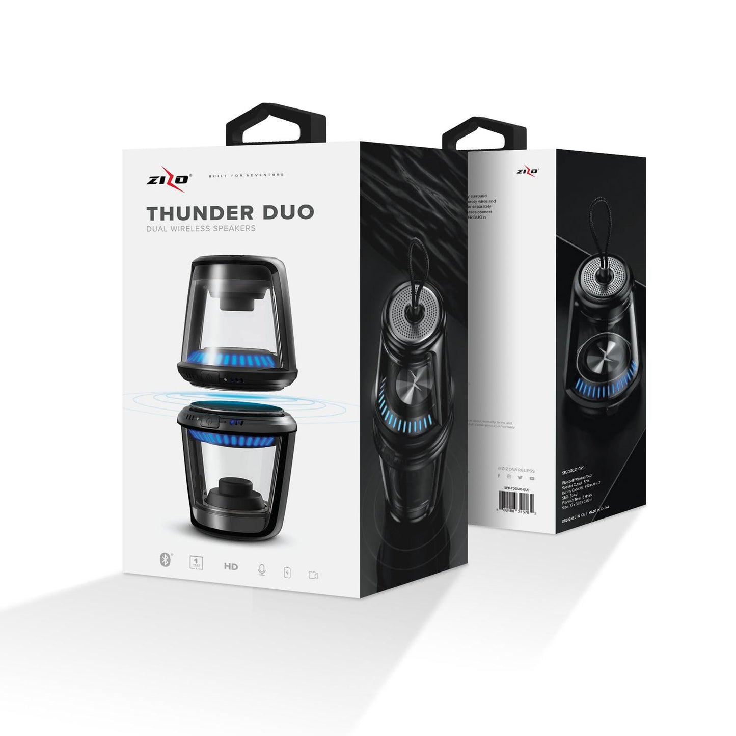 ZIZO THUNDER DUO TWS WIRELESS BLUETOOTH SPEAKER [LED ILLUMINATED] - RECHARGEABLE BATTERY BUILT-IN MICROPHONE AND MAGNETIC BASE - BLACK (1104772)