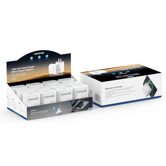 ESEEKGO T-30US 30W GaN Travel Adapter organized display box with 12 individual units  ( 1103751) (MSRP $129.99)