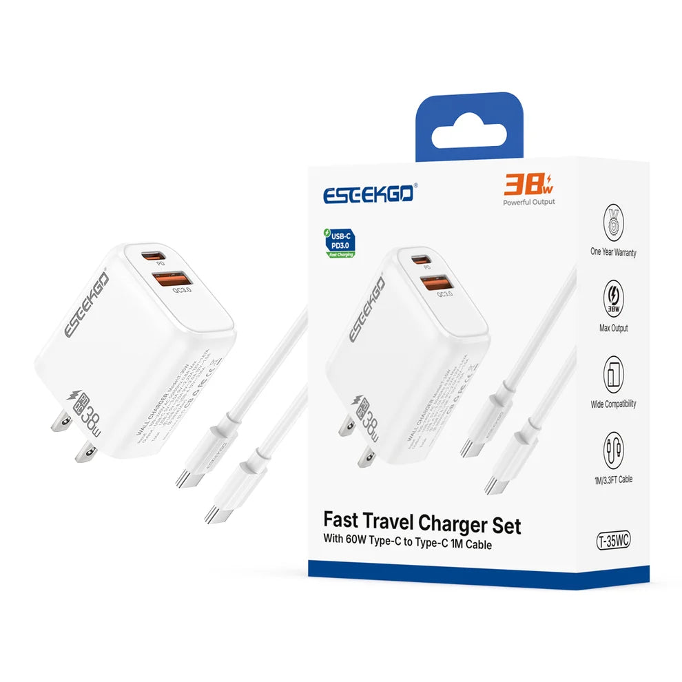 ESEEKGO T-35WC 3.0A 38W QC3.0 A+C Travel Adapter with C-C 60W 3.3FT Data Cable (1108127) (MSRP $59.99)