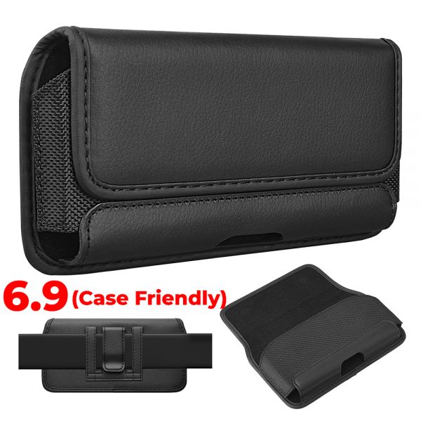 Cube® - Universal Pouch 6.9 - Black Horizontal Premium Leather Easy Grip Phone Holster Pouch with Magnetic Clasp with Belt Loop Clip On (Case Friendly) (1103077)(MSRP 39.99)
