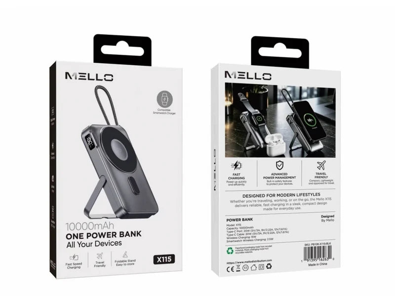 MELLO X115 POWER BANK 10000 MAH SMARTWATCH CHARGER BLACK  (1108292)(MSRP $69.99)