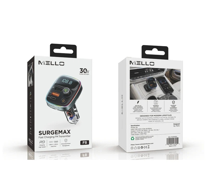 MELLO SURGEMAX F8 DUAL USB/PD FM TRANSMITTER BLACK (1108132) (MSRP $49.99)