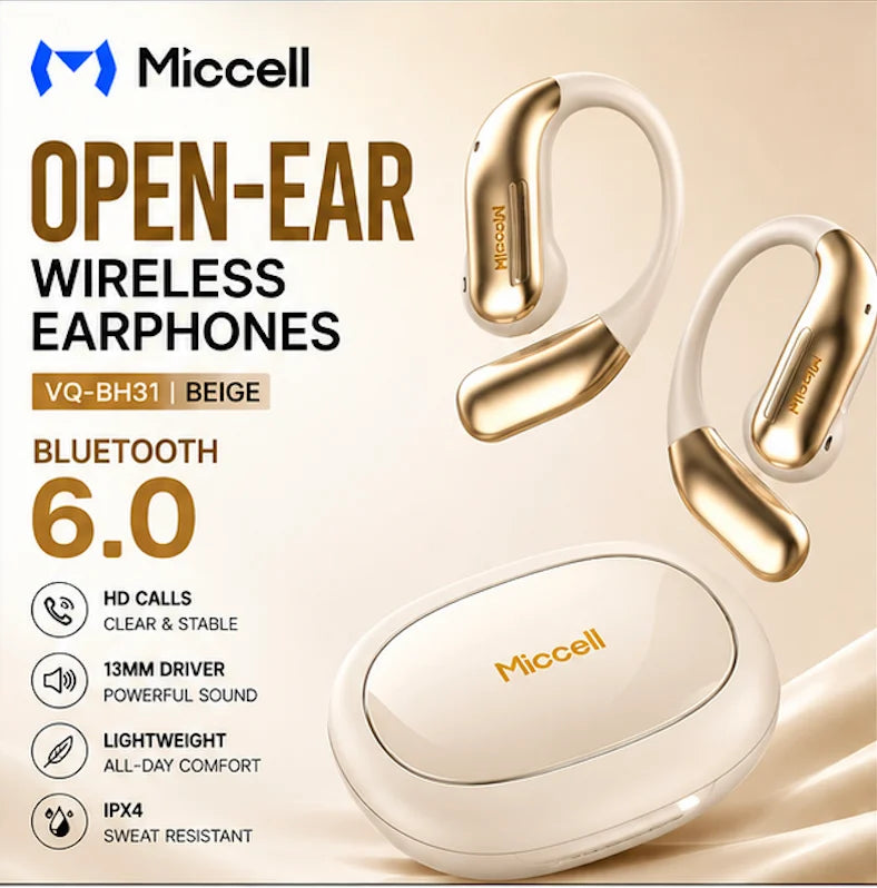 MICCELL [OPEN-EAR WIRELESS EARPHONES] (BLUETOOTH 6.0 / BEIGE) HD CALLS & LIGHTWEIGHT DESIGN (13MM DRIVER / OPEN AUDIO / 400MAH with CASE) (1107919) (MSRP $69.99)