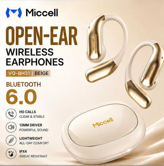 MICCELL [OPEN-EAR WIRELESS EARPHONES] (BLUETOOTH 6.0 / BEIGE) HD CALLS & LIGHTWEIGHT DESIGN (13MM DRIVER / OPEN AUDIO / 400MAH with CASE) (1107919) (MSRP $69.99)
