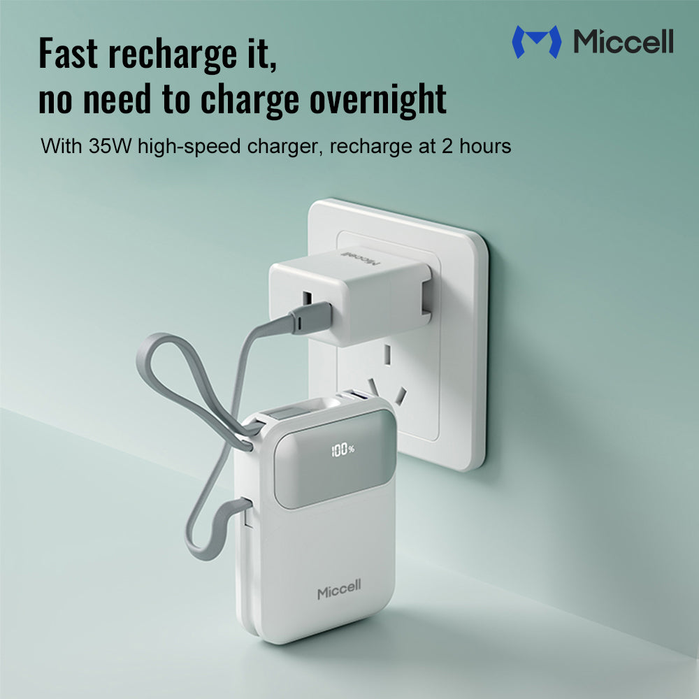 Miccell 10,000 mAh 35W PD Powerbank with attached USB-C Cable - White  (1107485) ($69.99 MSRP)