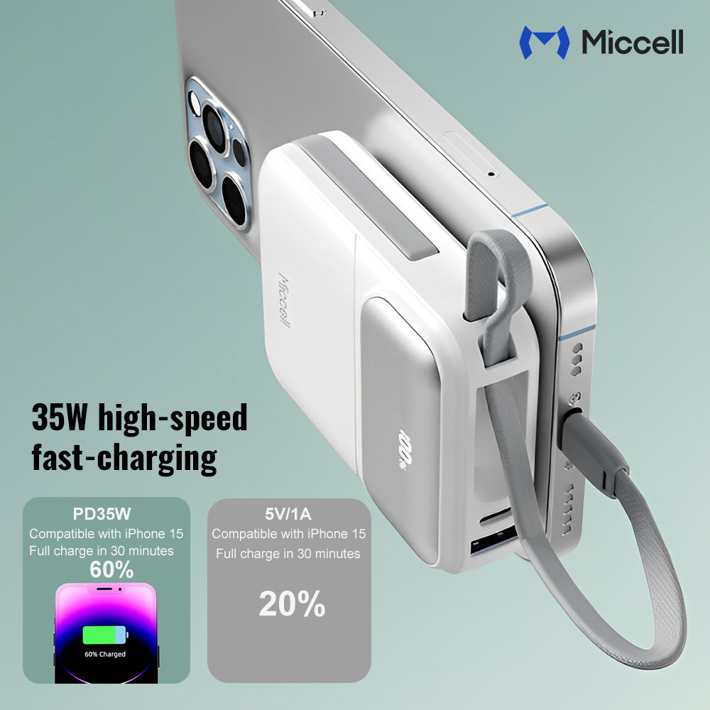 Miccell 10,000 mAh 35W PD Powerbank with attached USB-C Cable - White  (1107485) ($69.99 MSRP)