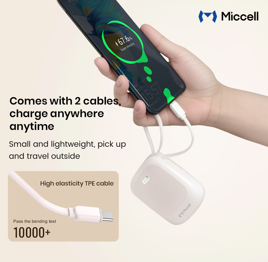 Miccell 10,000 mAh 22.5W Mini Powerbank with Built-In USB-C Cable - Pink  (1107484) ($59.99 MSRP)