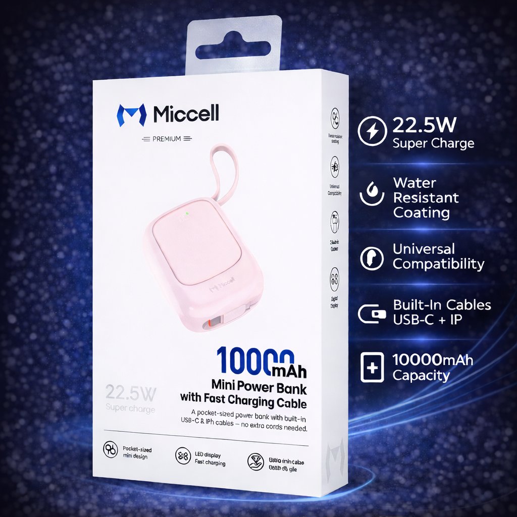 Miccell 10,000 mAh 22.5W Mini Powerbank with Built-In USB-C Cable - Pink  (1107484) ($59.99 MSRP)