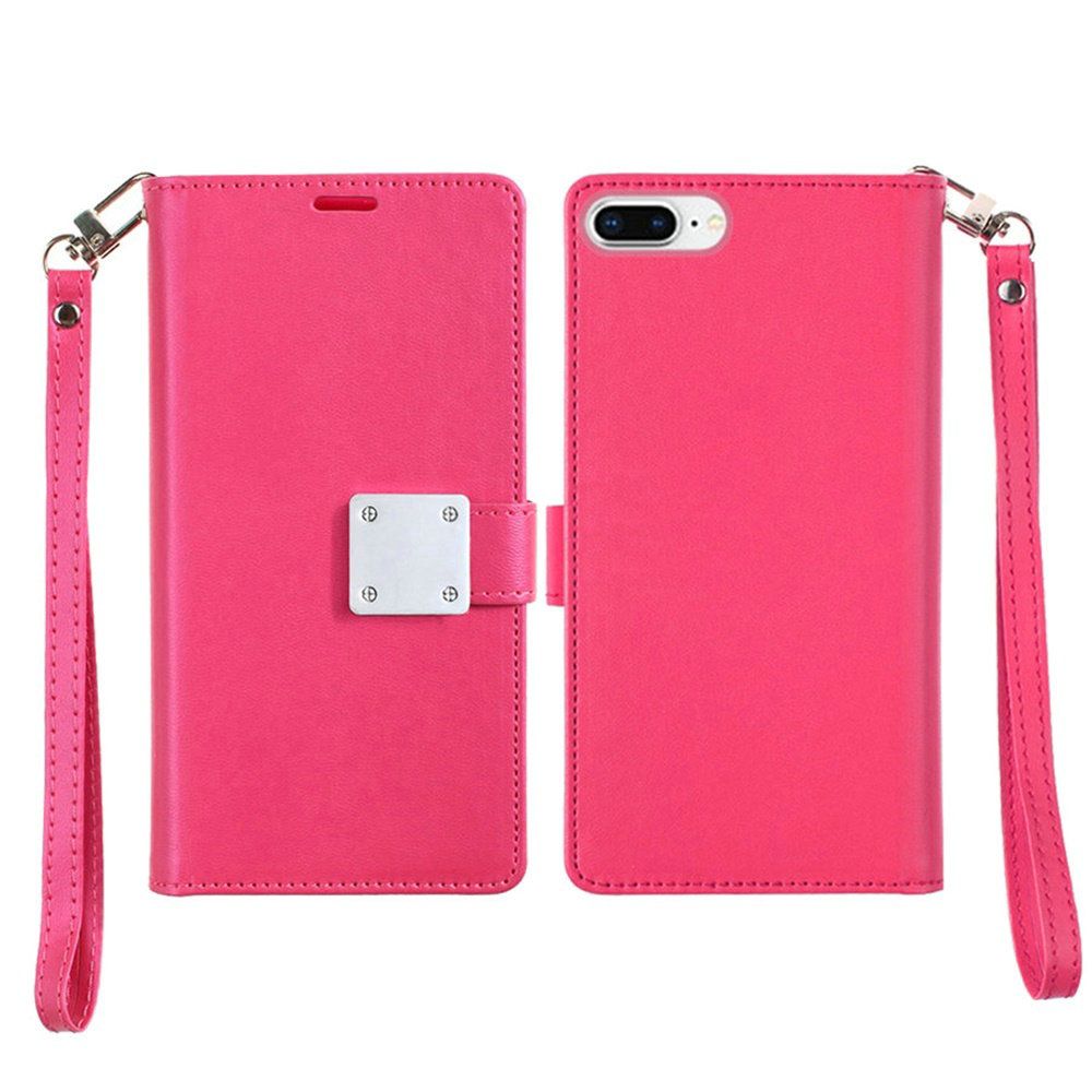 APPLE iPhone 8 Plus/7 Plus/6 Plus Wristlet Magnetic Metal Snap Wallet with Two Row Credit Card Holder - Hot Pink (9563)