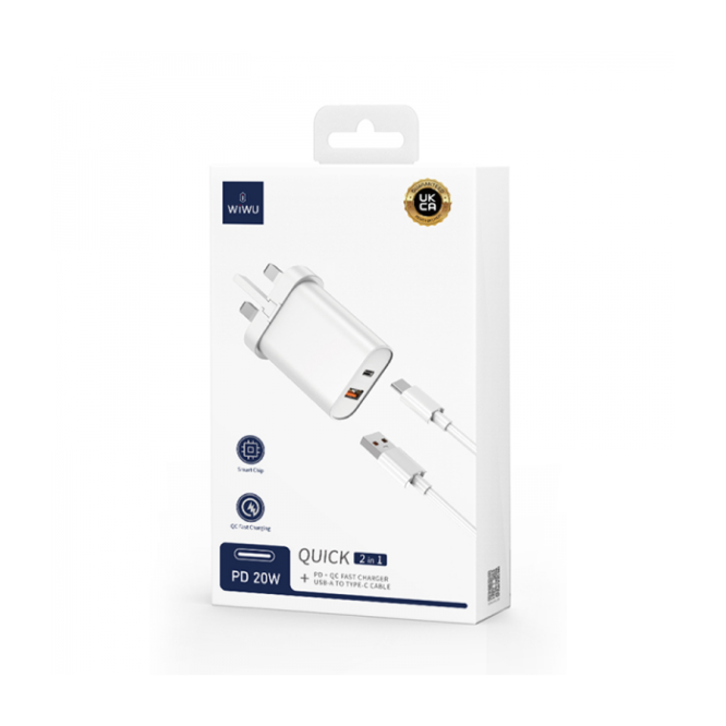Wiwu Quick 20W PD+QC Fast Charger With USB To Type-C Cable – White (1106944)