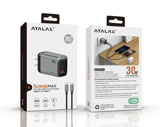 ATALAX SURGEMAX X14 30W PD/USB WALL CHARGER TYPE-C 4FT BLACK ( 1103768) (MSRP $39.99)