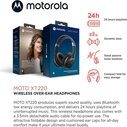 Motorola Bluetooth Wireless Headphones with Microphone, Moto XT220 Over-Ear Headphones in-Line Control for Calls - Foldable Head Phones, Adjustable Headband - Dynamic Bass, Clear Sound - Black (1102924)