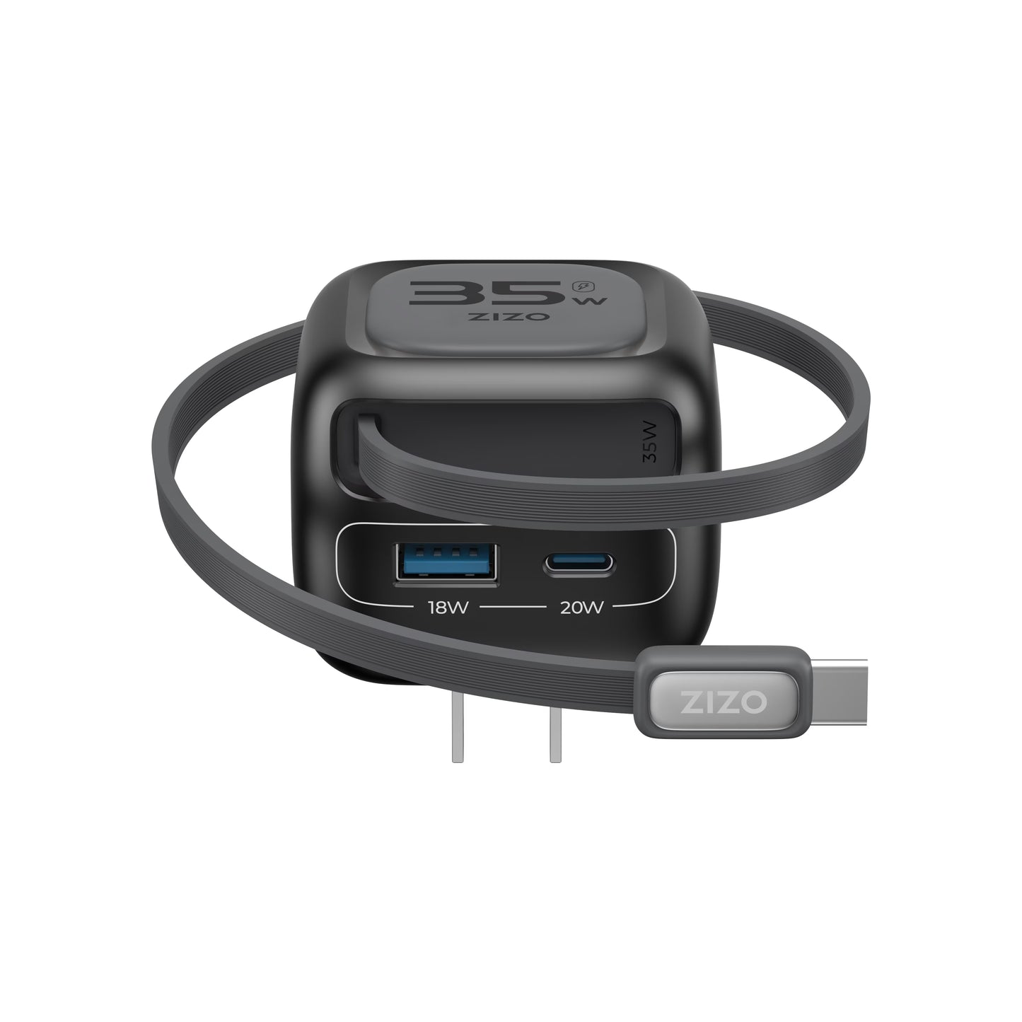 ZIZO PowerVault Cube 35W GaN Travel Charger with Retractable USB-C Cable and Multi-Port Charging - Space Black ( 1103486) (MSRP $59.99)