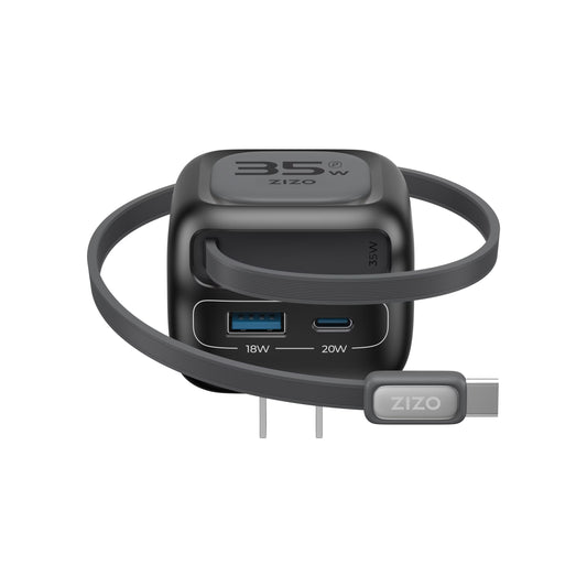 ZIZO PowerVault Cube 35W GaN Travel Charger with Retractable USB-C Cable and Multi-Port Charging - Space Black ( 1103486) (MSRP $59.99)