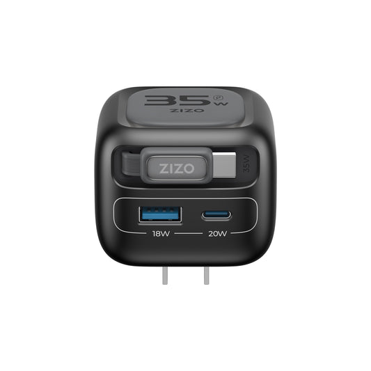 ZIZO PowerVault Cube 35W GaN Travel Charger with Retractable USB-C Cable and Multi-Port Charging - Space Black ( 1103486) (MSRP $59.99)