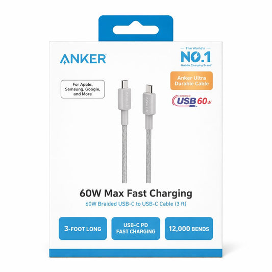 Anker 322 Braided USB-C to USB-C Cable 3ft (60W PD) â€“ White ( 1103726) (MSRP $39.99)