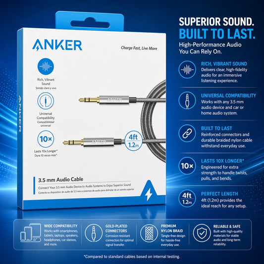 ANKER 3.5 AUDIO AUX CABLE 4FT - A7113H11 - BLACK ( 1107893) (MSRP $29.99)