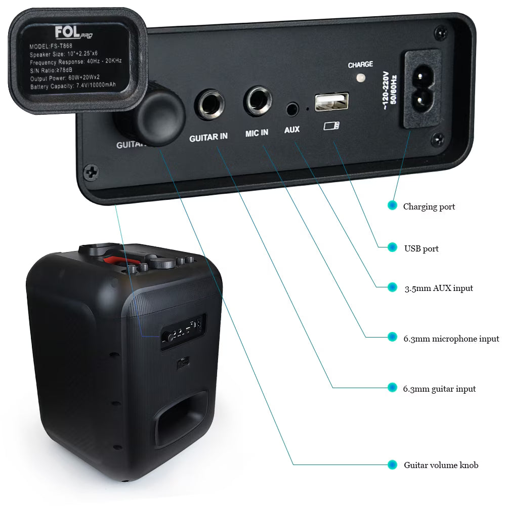 FOL FS-T868 LED Lighting Wireless Tower Speaker with Wireless Microphone, Black, 4 Count ( 1107974) (MSRP $499.99)