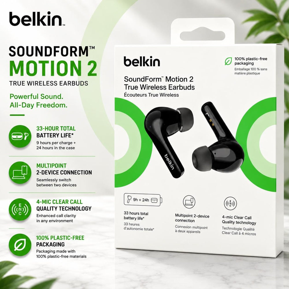 Belkin SoundForm Motion 2 Wireless Earbuds with Mic Black ( 1107989) (MSRP $119.99)