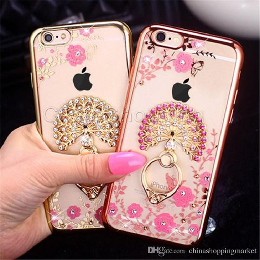 iPhone X/Xs Bling Diamond Ring Holder Case Secret Garden Flower Crystal TPU Cover Case (674)