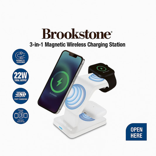 Brookstone 3 in 1 Wireless Charging Station Compatible with MagSafe Charger for Apple Fast Wireless Charger Stand for iPhone 15,14,13,12 Pro Max Series, iWatch Series, Airpods 3, 2, Pro - 15W - WHITE   ( 1103630) (MSRP $59.99)