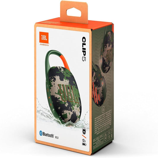 JBL Clip 5 - Ultra-Portable, Waterproof & Dustproof Bluetooth Speaker, Big Pro Sound with punchy bass, Integrated carabiner, Up to 12 Hours of Play, Made in part with recycled materials (CAMO) (1107305)
