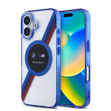 iPhone 16 - PC/TPU Clear Hard Case Motorsport MagSafe Compatible IML Printed Circle Design With Stripes - BMW (1107550)