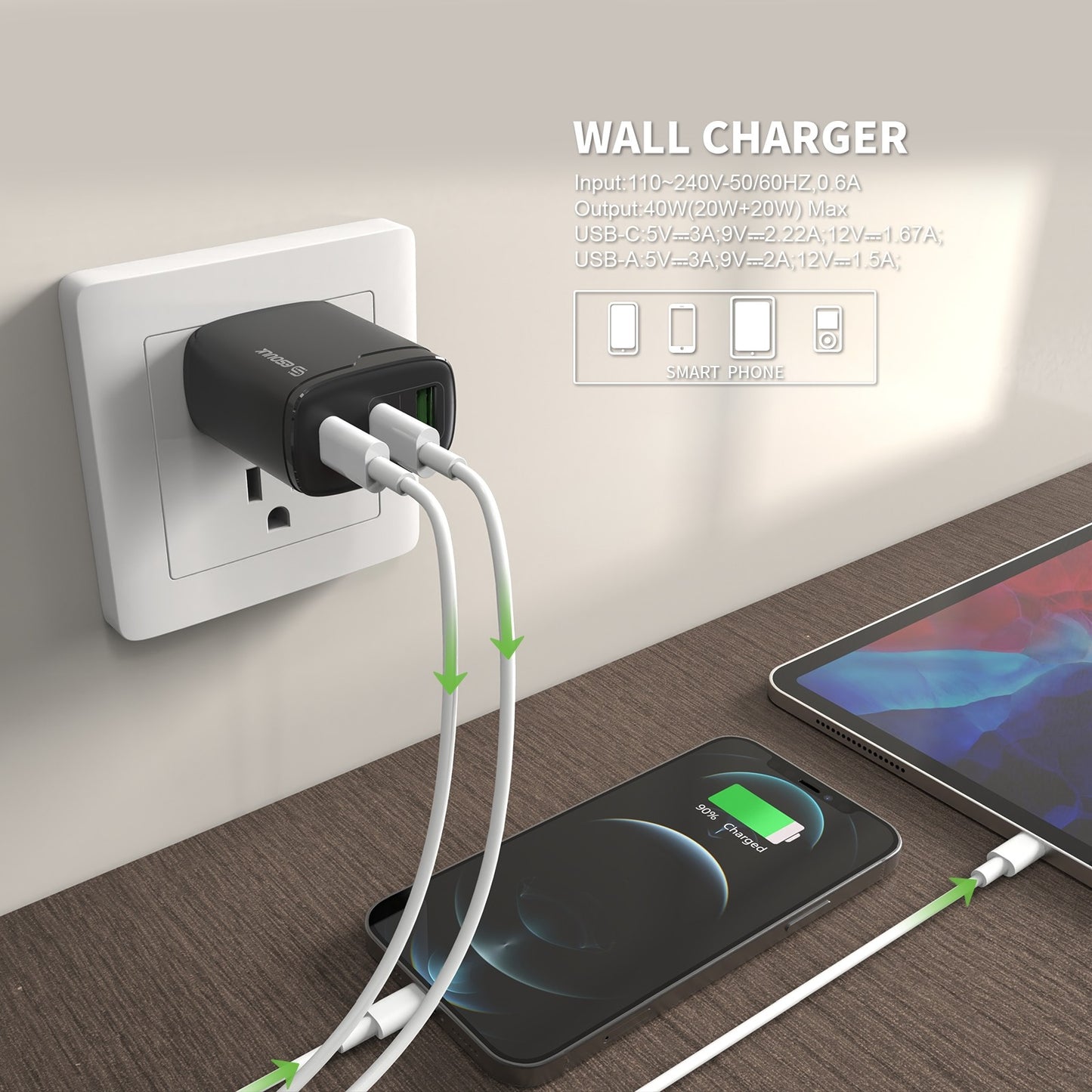 Esoulk 40W Dual PD+QC FAST WALL CHARGER -Black  (1102378)