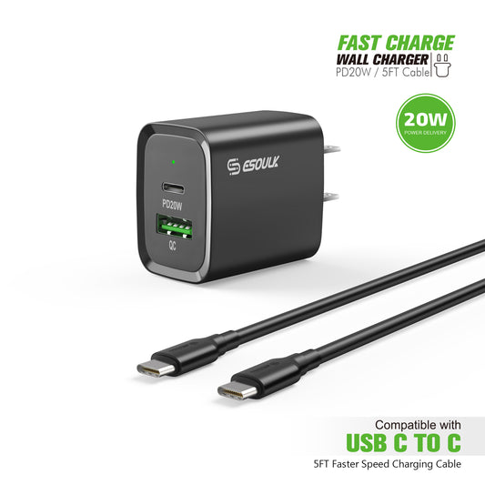 ESOULK 20W PD/QC Wall Charger & 5FT Cable for C to C - BLACK (1106346)