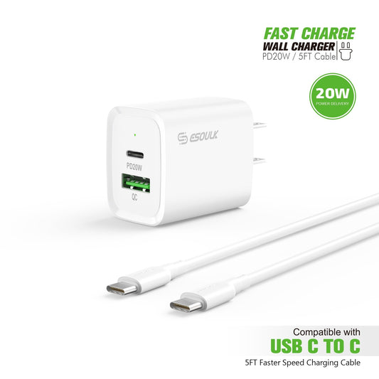 ESOULK 20W PD+QC FAST WALL CHARGER & 5FT USB C TO C CABLE - White (1102983)