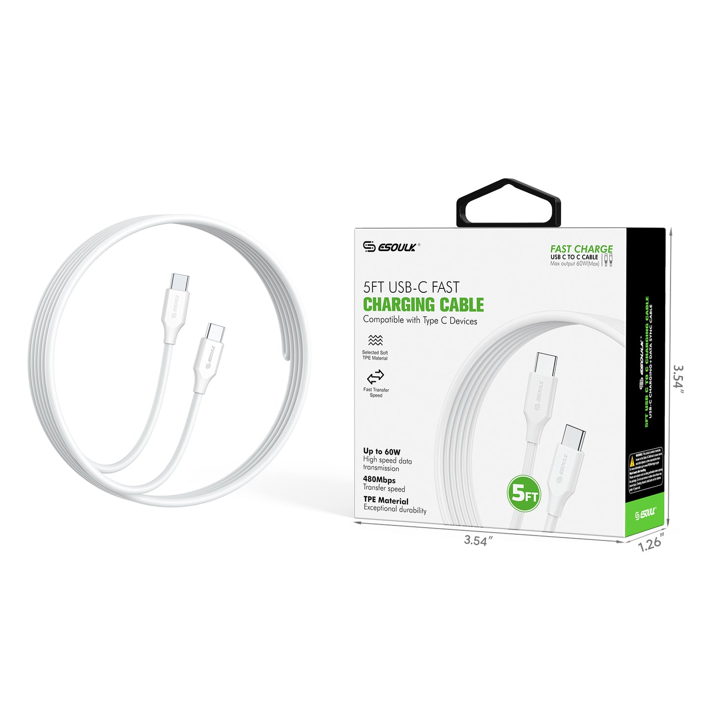 Esoulk 5Ft 60W USB-C Fast Charging Cable - White (1103135) (MSRP $39.99)