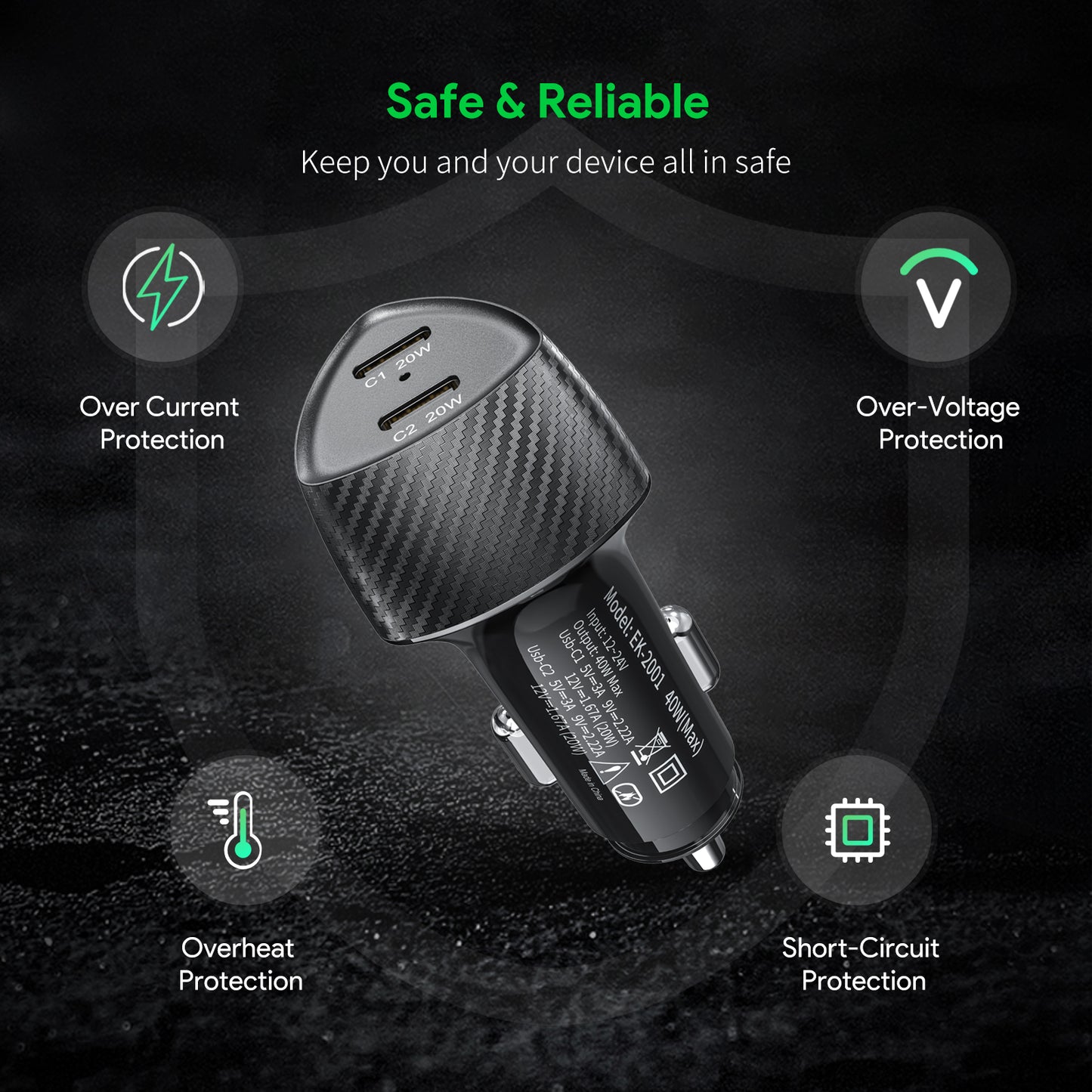 ESOULK 40W Dual Type-C Port FAST CAR CHARGER - Black (1105351)