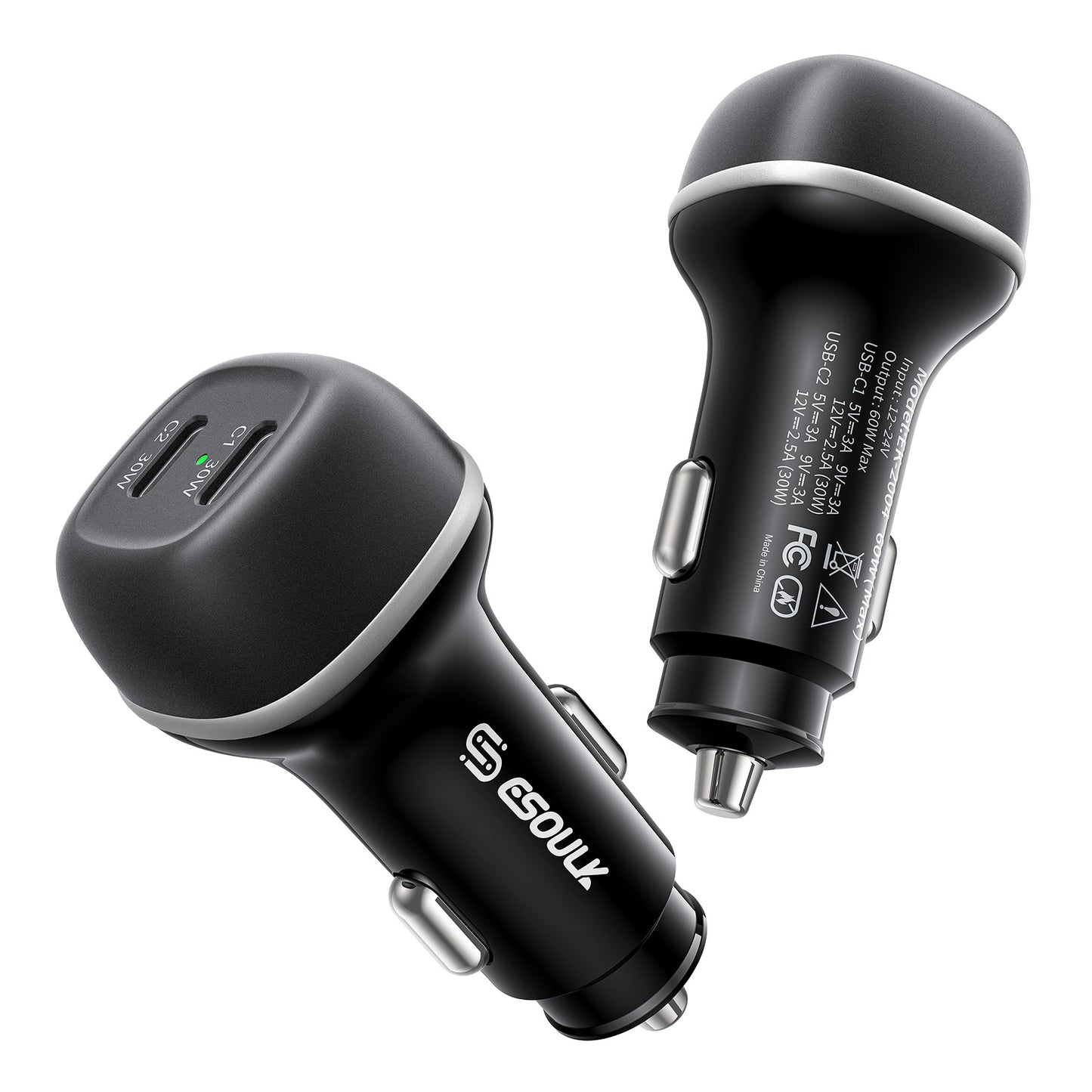 Esoulk 60W PD DUAL USB-C CAR Charging Plug - Black (1106412)