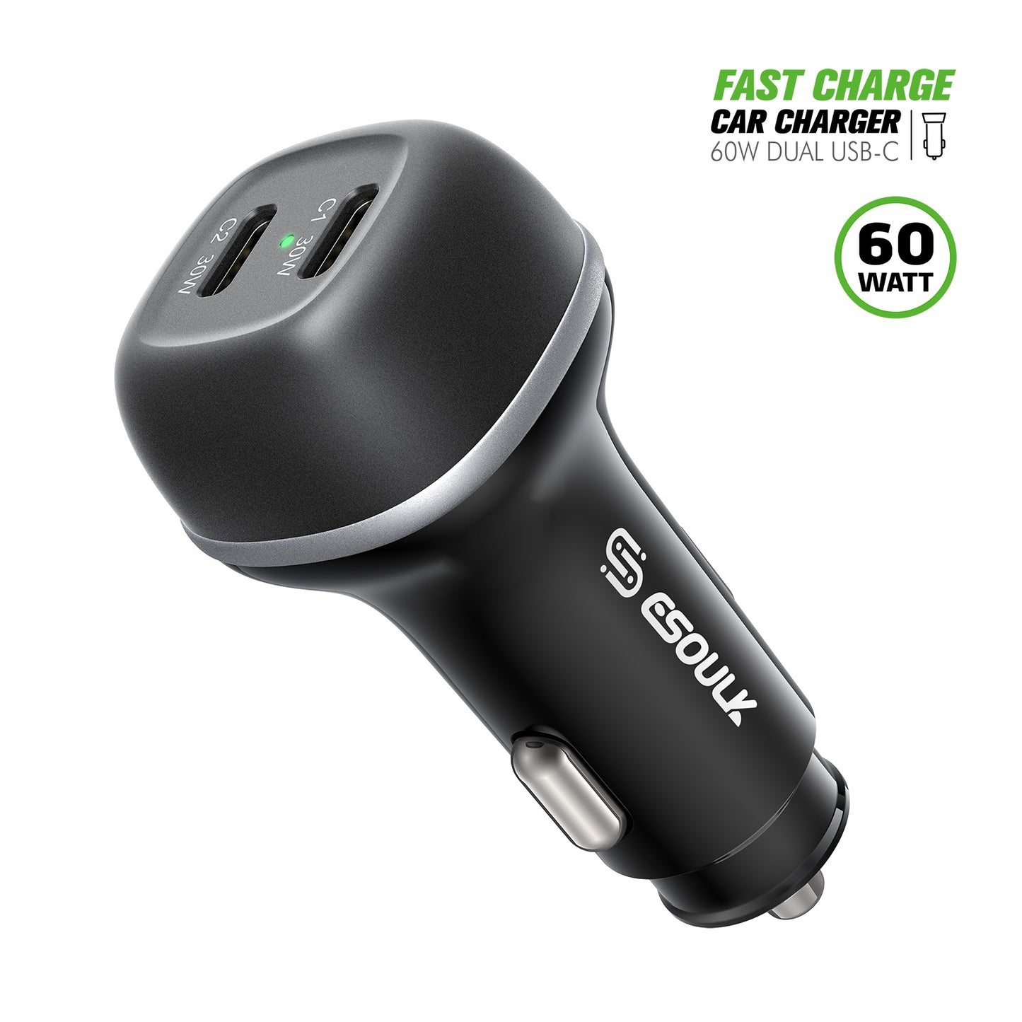 Esoulk 60W PD DUAL USB-C CAR Charging Plug - Black (1106412)