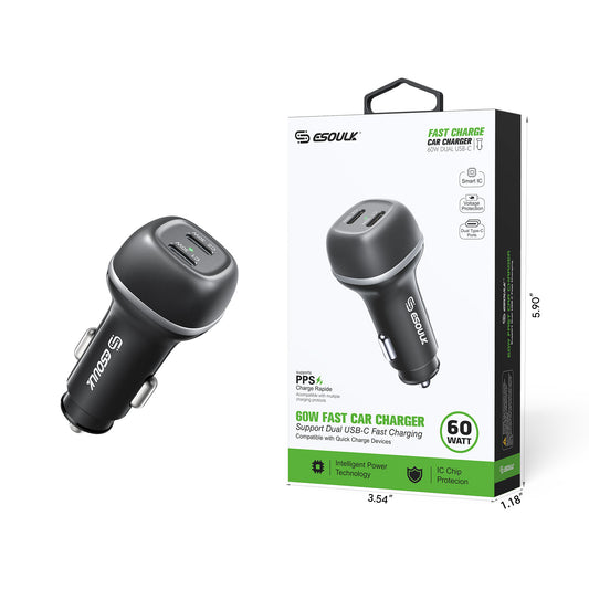 Esoulk 60W PD DUAL USB-C CAR Charging Plug - Black (1106412)